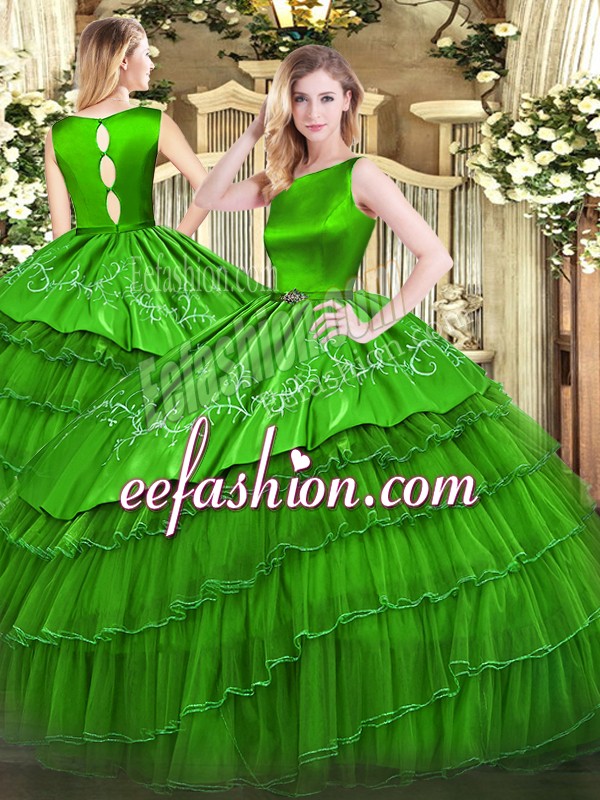 Amazing Sleeveless Clasp Handle Floor Length Embroidery and Ruffled Layers Quince Ball Gowns