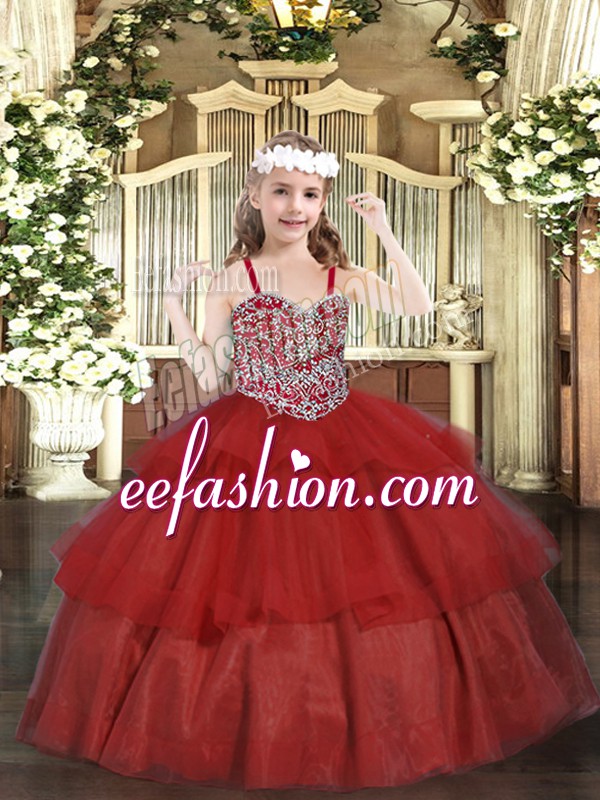  Straps Sleeveless Organza Pageant Dress for Girls Beading and Ruffled Layers Lace Up