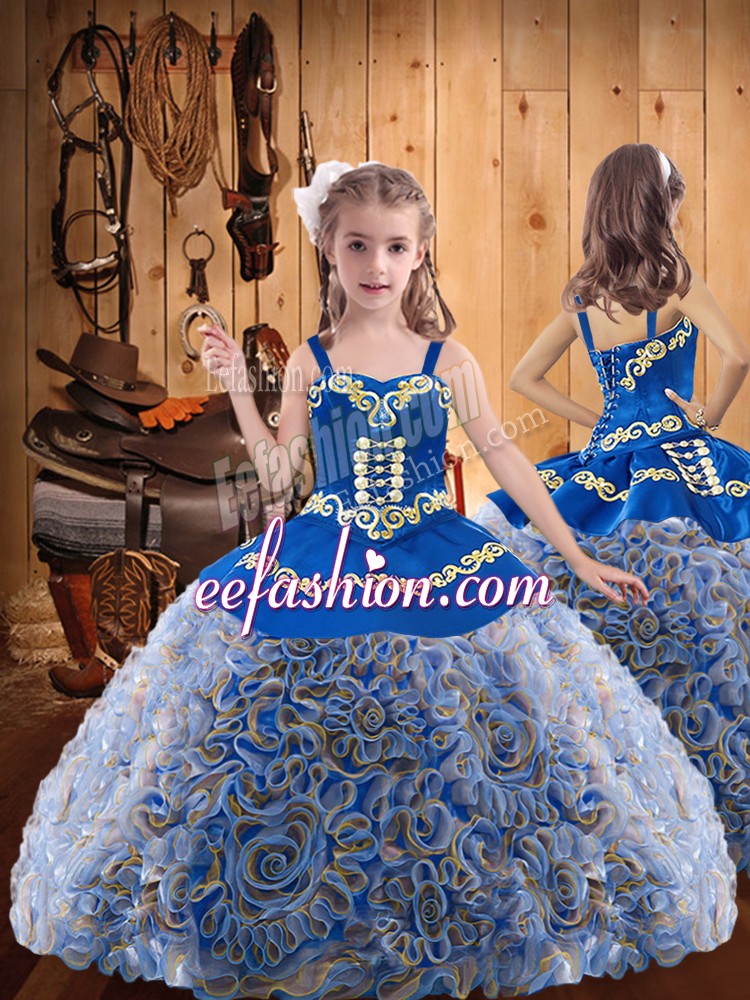 Custom Fit Multi-color Sleeveless Fabric With Rolling Flowers Lace Up Pageant Dress Wholesale for Party and Sweet 16 and Quinceanera and Wedding Party