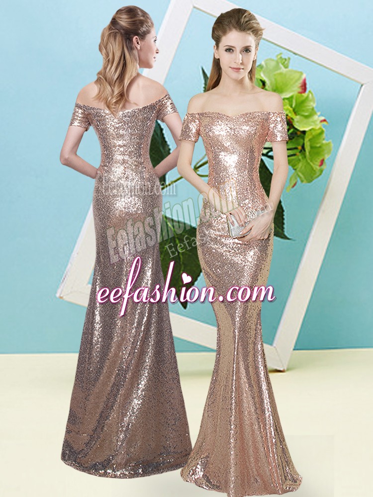 Romantic Gold Short Sleeves Sequins Floor Length Evening Dress