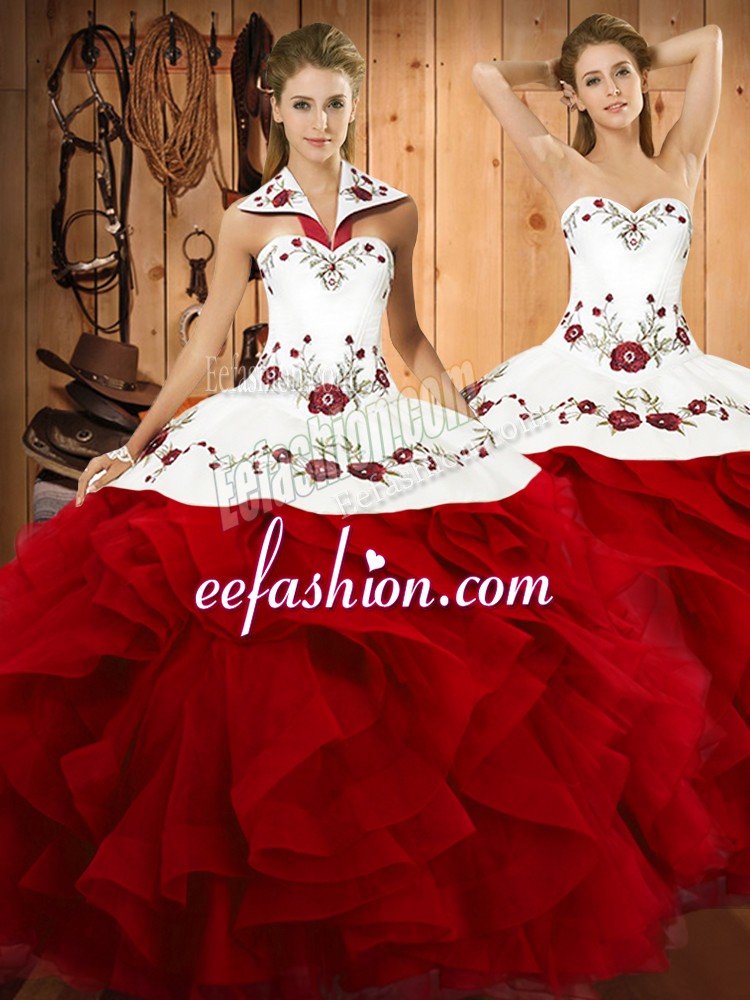  Halter Top Sleeveless Lace Up Quince Ball Gowns Wine Red Satin and Organza