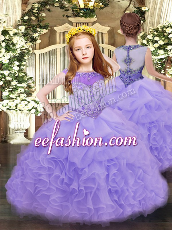 Admirable Organza Scoop Sleeveless Zipper Beading and Ruffles and Pick Ups Pageant Dress Womens in Lavender