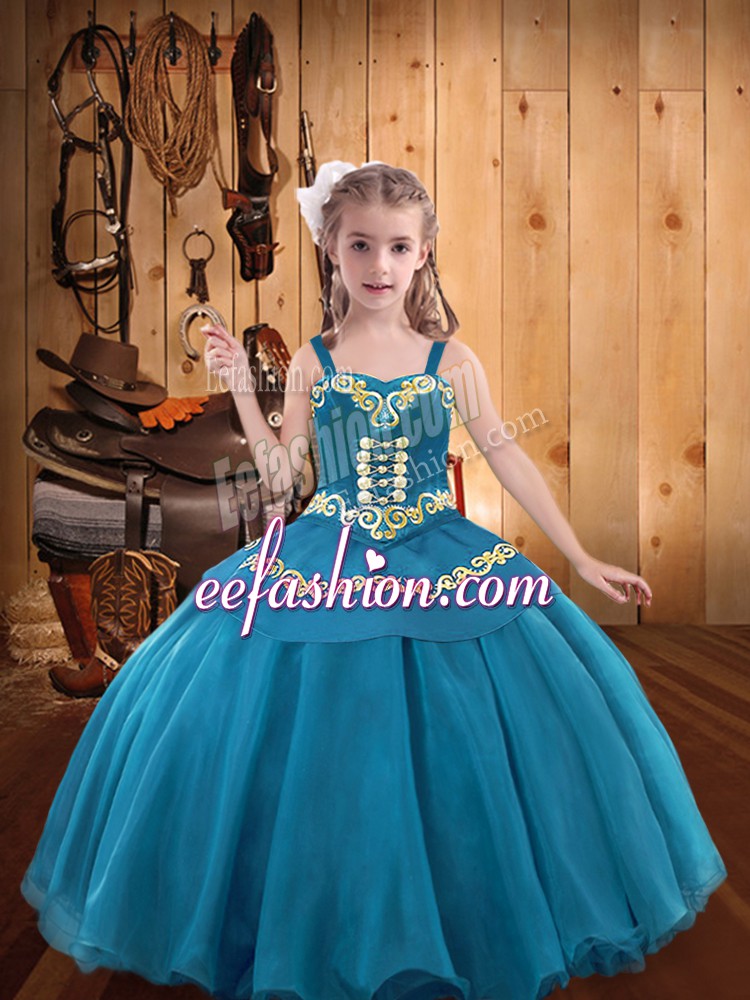 Luxurious Teal Ball Gowns Organza Straps Sleeveless Embroidery and Ruffles Floor Length Lace Up Little Girls Pageant Dress
