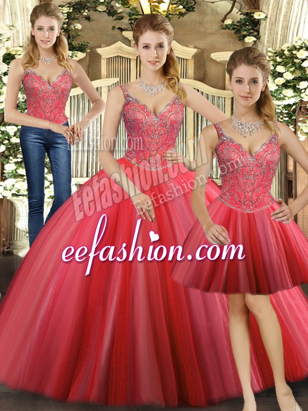 Edgy Three Pieces Quince Ball Gowns Coral Red Straps Tulle Sleeveless Floor Length Lace Up