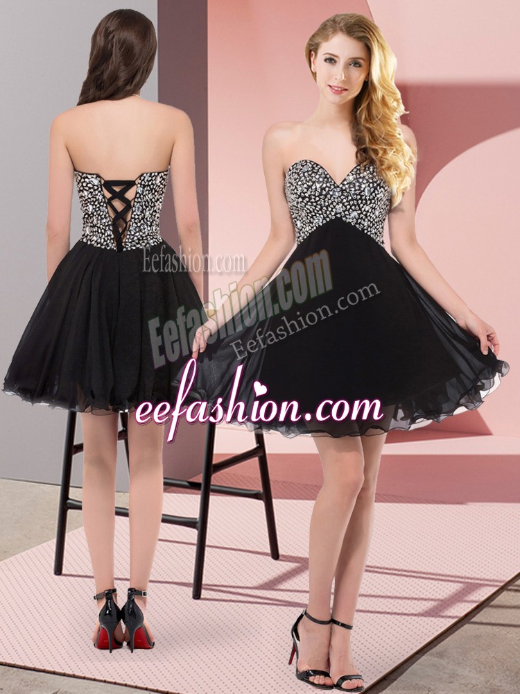  Black Chiffon Lace Up Homecoming Dress Sleeveless Mini Length Beading