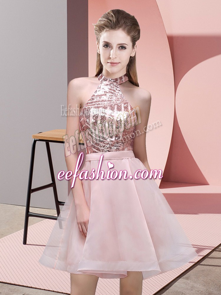  Halter Top Sleeveless Backless Bridesmaid Dresses Pink Chiffon