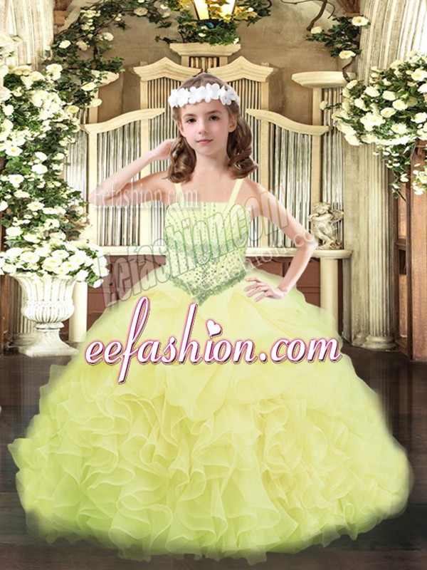 Floor Length Lace Up Pageant Dresses Yellow for Party and Quinceanera with Beading and Ruffles and Pick Ups
