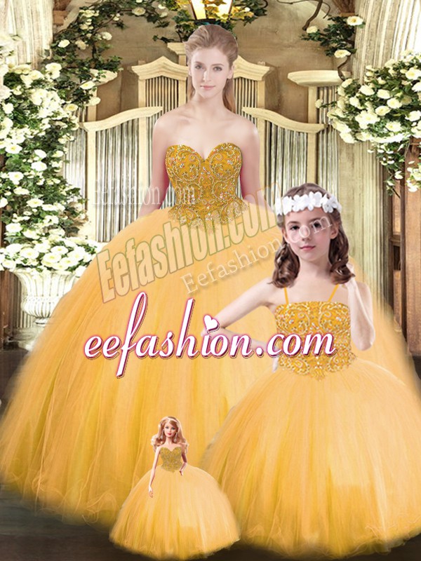  Gold Ball Gowns Sweetheart Sleeveless Tulle Floor Length Lace Up Beading 15 Quinceanera Dress