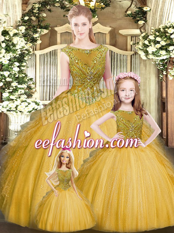Custom Designed Gold Tulle Lace Up Scoop Sleeveless Floor Length Quinceanera Gowns Beading and Ruffles