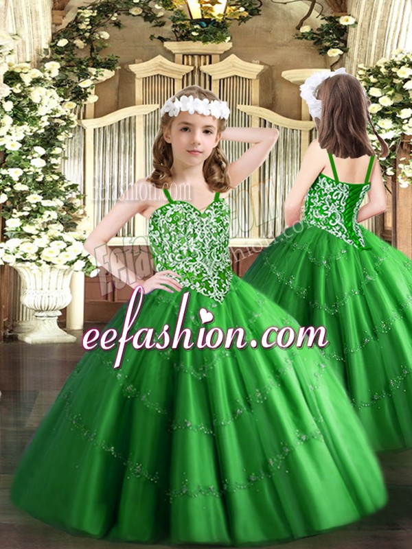  Tulle Sleeveless Floor Length Pageant Gowns For Girls and Beading and Appliques