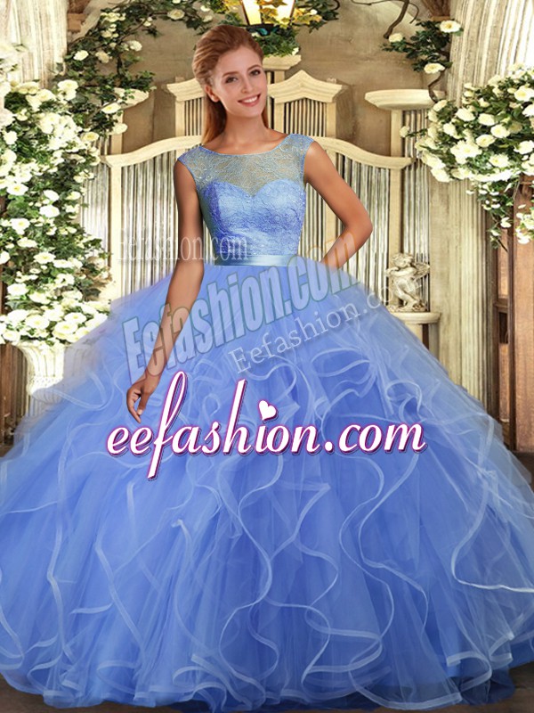 Smart Ball Gowns Sweet 16 Dresses Blue Scoop Tulle Sleeveless Floor Length Backless