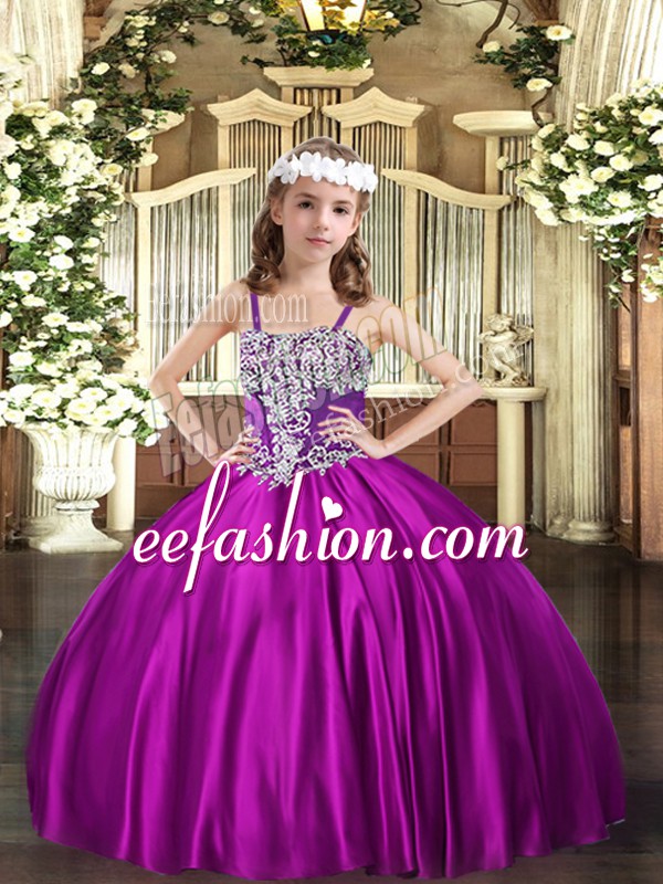  Sleeveless Satin Floor Length Lace Up Little Girl Pageant Gowns in Fuchsia with Appliques