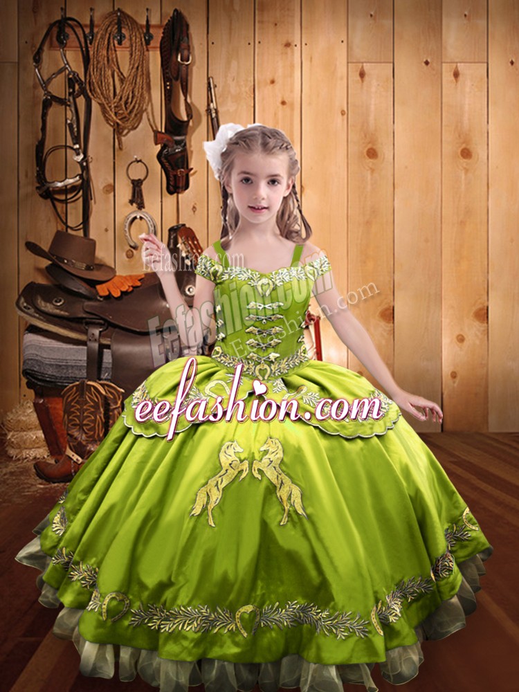  Sleeveless Satin Floor Length Lace Up Kids Pageant Dress in Yellow Green with Beading and Embroidery