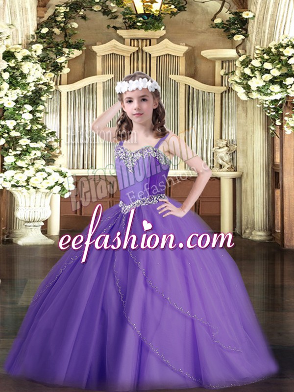 Custom Made Straps Sleeveless Tulle Pageant Dress for Teens Beading Sweep Train Lace Up