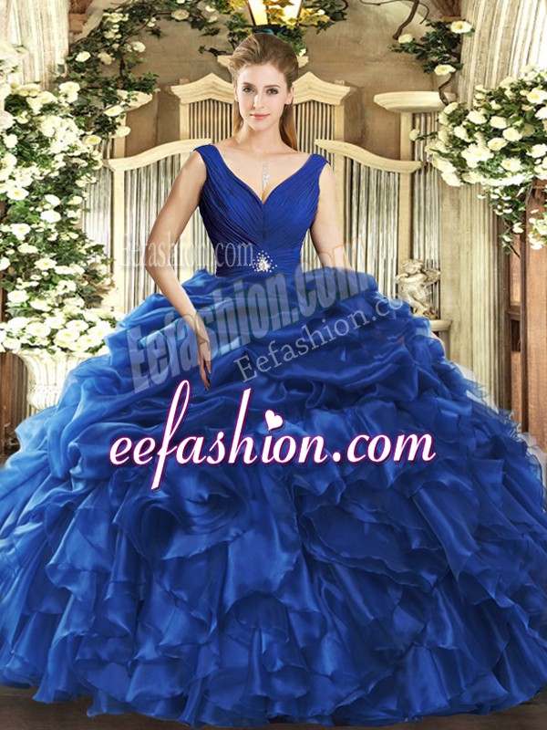 Romantic Ball Gowns Vestidos de Quinceanera Blue V-neck Organza Sleeveless Floor Length Backless