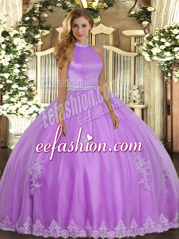 Fine Halter Top Sleeveless Quince Ball Gowns Floor Length Beading and Appliques Lilac Tulle