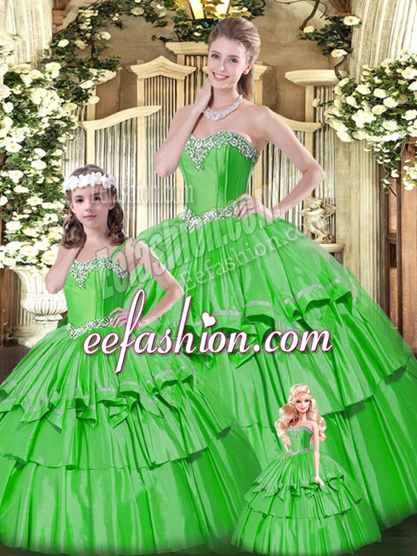 Classical Green Sweet 16 Dress Military Ball and Sweet 16 and Quinceanera with Beading and Ruffled Layers Sweetheart Sleeveless Lace Up