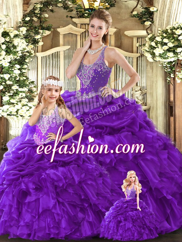  Floor Length Purple 15th Birthday Dress Organza Sleeveless Beading and Ruffles
