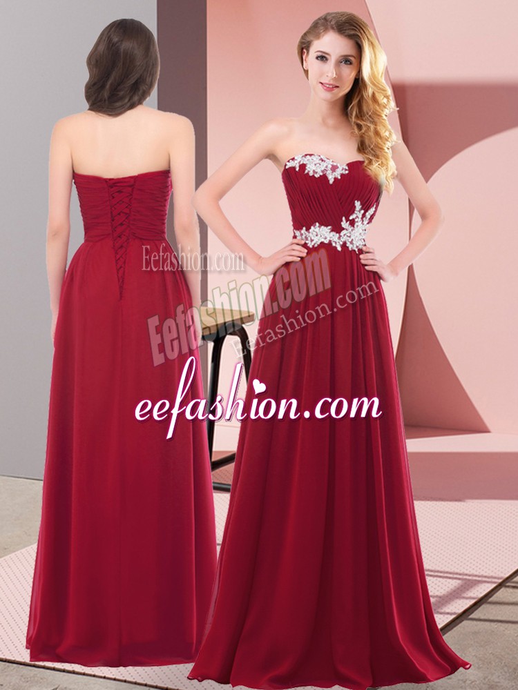  Wine Red Sleeveless Floor Length Appliques Lace Up Dress for Prom