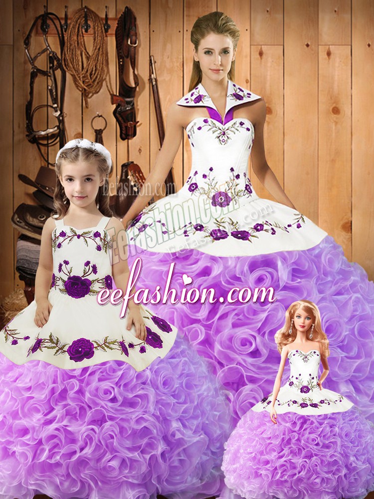 Colorful Lilac Sleeveless Satin and Fabric With Rolling Flowers Lace Up Quince Ball Gowns for Military Ball and Sweet 16 and Quinceanera