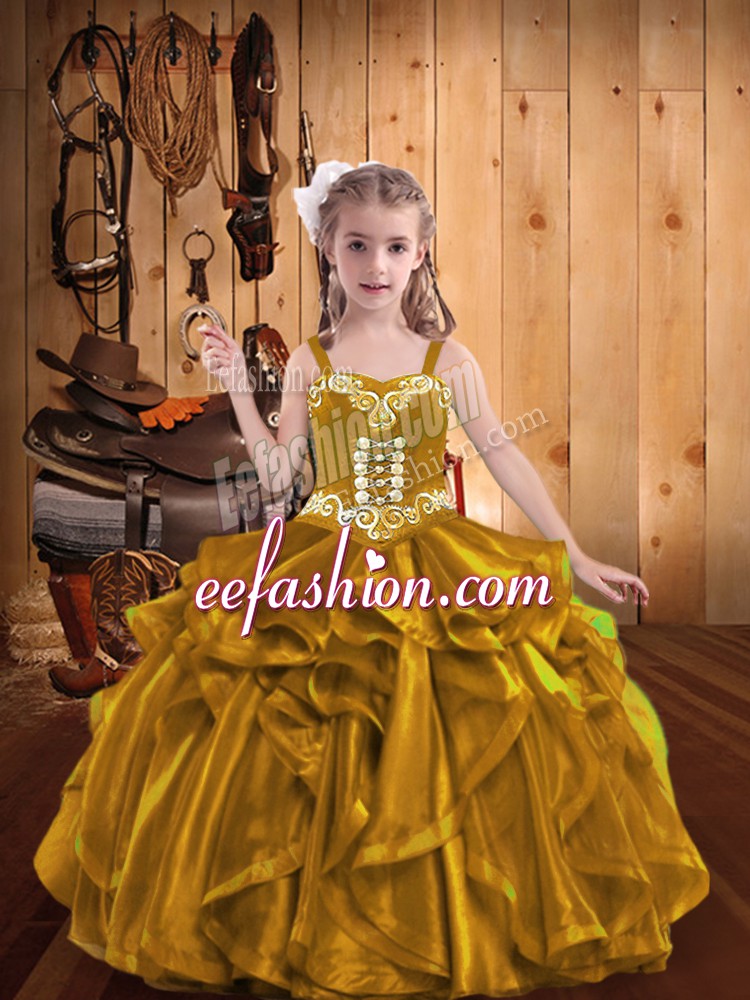 Beauteous Gold Sleeveless Embroidery and Ruffles Floor Length Kids Formal Wear