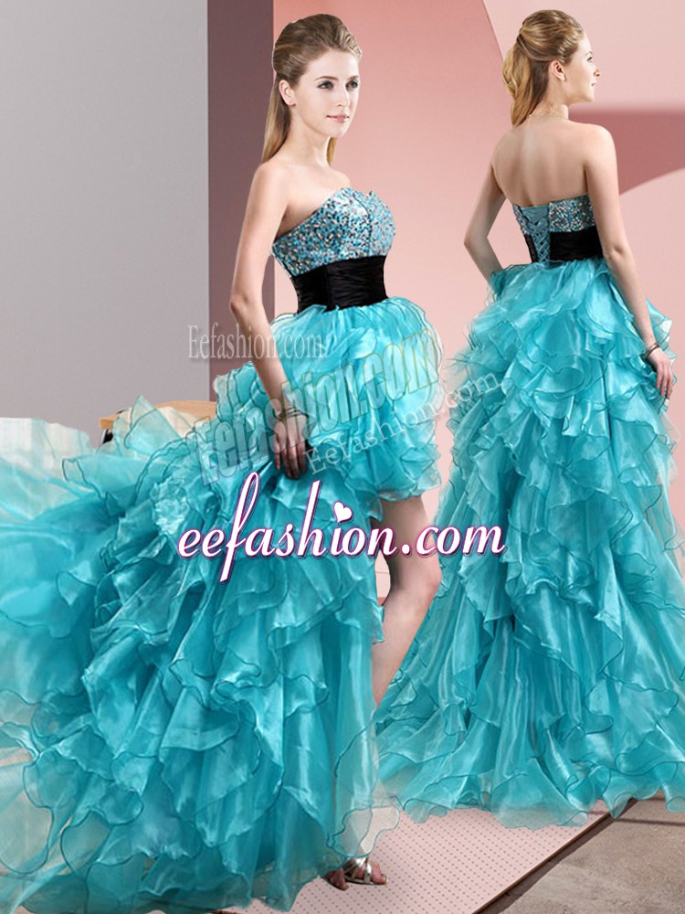  Aqua Blue A-line Sweetheart Sleeveless Organza High Low Lace Up Beading and Ruffles Prom Dress