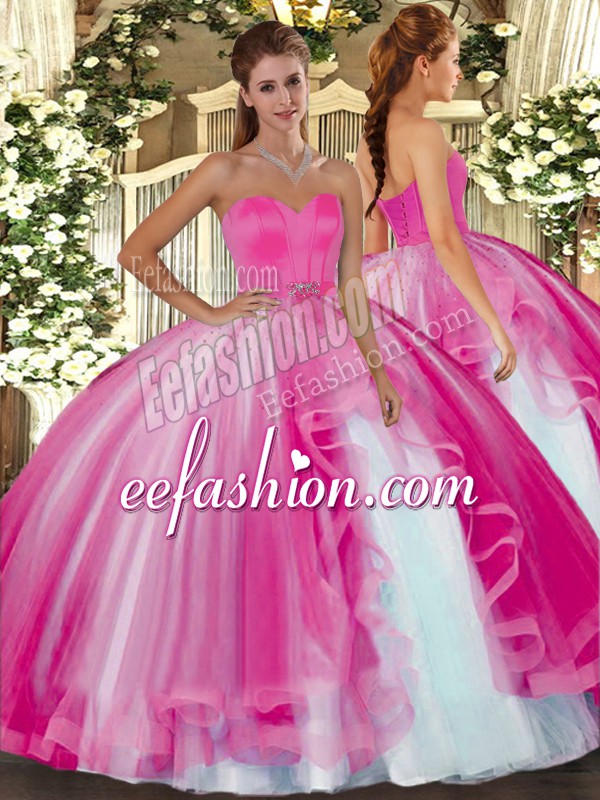 Smart Tulle Sweetheart Sleeveless Lace Up Beading Quince Ball Gowns in Hot Pink