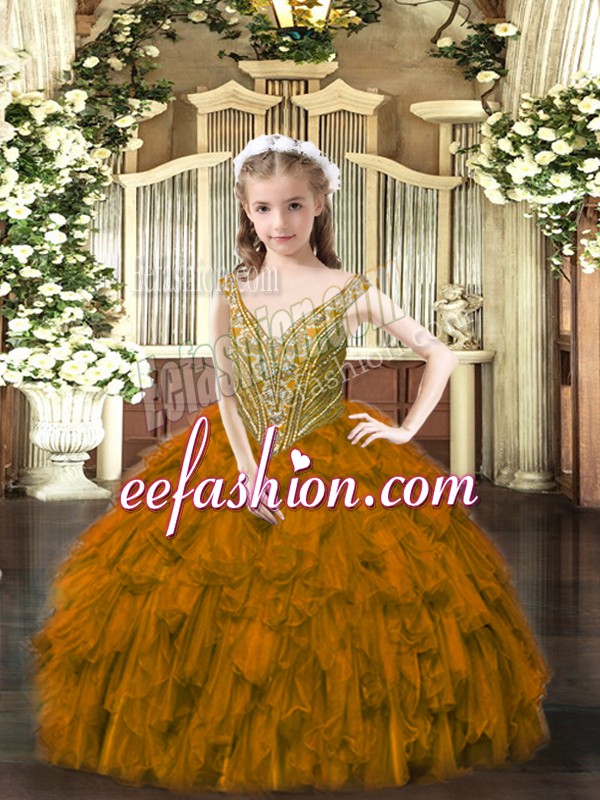 Classical Brown Lace Up Girls Pageant Dresses Beading and Ruffles Sleeveless Floor Length