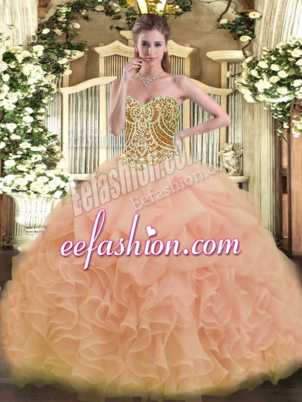 Free and Easy Peach Lace Up Quinceanera Gown Beading and Ruffles Sleeveless Floor Length