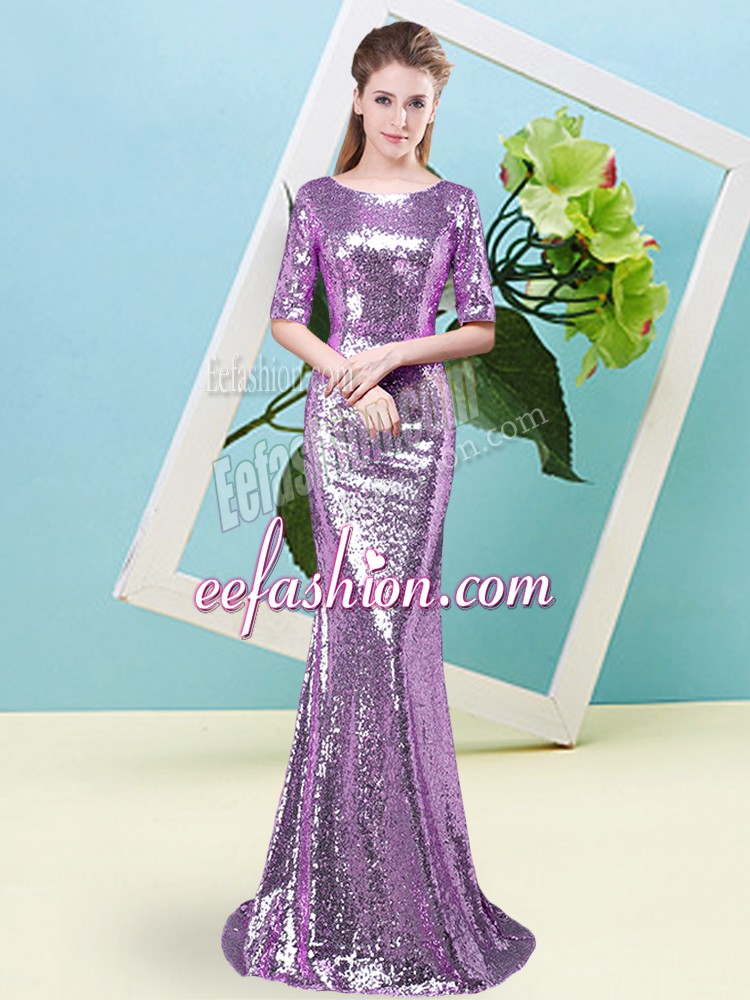  Half Sleeves Floor Length Sequins Zipper Prom Evening Gown with Lavender