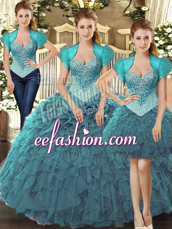  Teal Sleeveless Floor Length Beading and Ruffles Lace Up 15 Quinceanera Dress