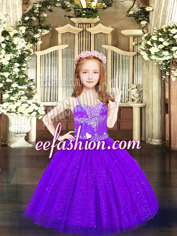  Purple Kids Pageant Dress Party and Quinceanera with Beading Spaghetti Straps Sleeveless Lace Up