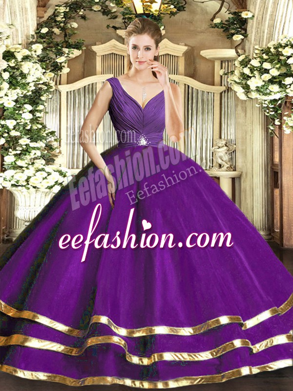 Romantic Purple Ball Gowns Tulle V-neck Sleeveless Ruffled Layers Floor Length Backless Vestidos de Quinceanera