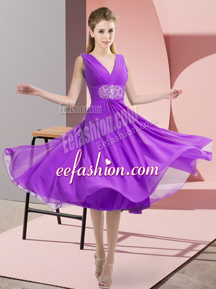 Fine Chiffon V-neck Sleeveless Side Zipper Beading Court Dresses for Sweet 16 in Purple