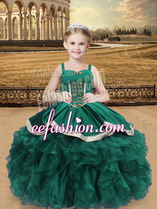  Straps Sleeveless Pageant Dress Floor Length Beading and Ruffles Turquoise Organza