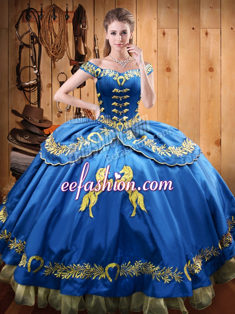 Exceptional Sleeveless Floor Length Beading and Embroidery Lace Up Sweet 16 Quinceanera Dress with Blue