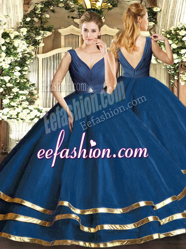 Flirting Floor Length Backless Vestidos de Quinceanera Navy Blue for Sweet 16 and Quinceanera with Beading and Ruffled Layers