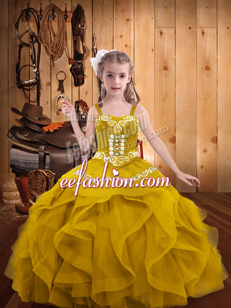 Perfect Floor Length Gold Pageant Dress for Girls Organza Sleeveless Embroidery and Ruffles