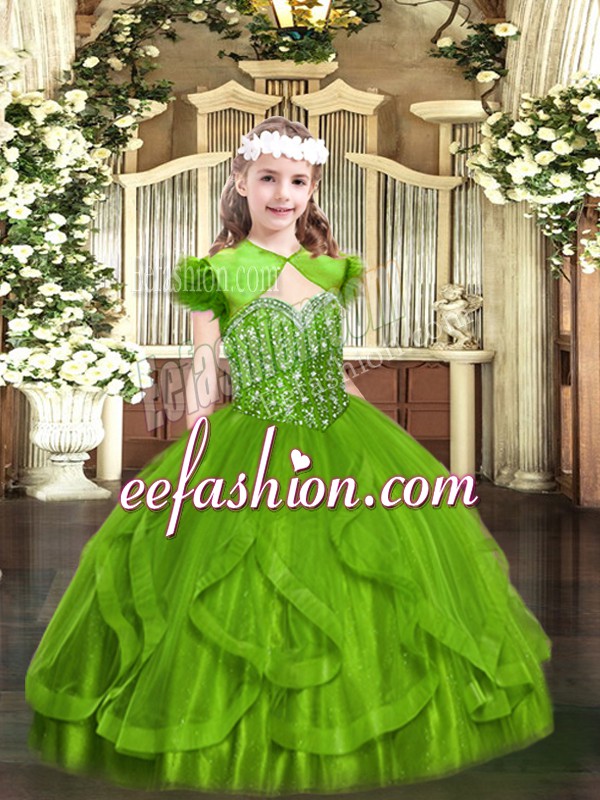 Adorable Sleeveless Tulle Floor Length Lace Up Child Pageant Dress in with Beading and Ruffles