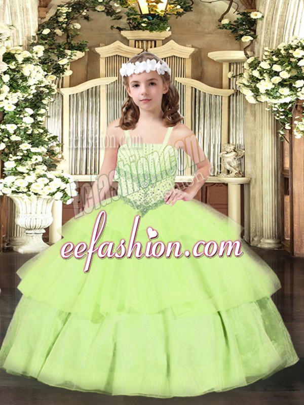  Yellow Green Organza Lace Up Child Pageant Dress Sleeveless Floor Length Beading and Ruffled Layers