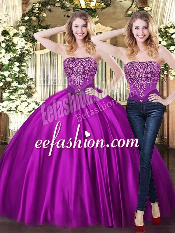  Purple Tulle Lace Up Sweetheart Sleeveless Floor Length 15th Birthday Dress Beading