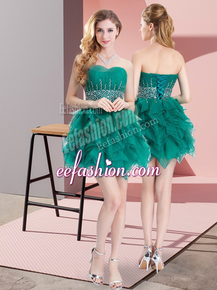 Elegant Sleeveless Organza Mini Length Lace Up Bridesmaid Gown in Green with Beading and Ruffles