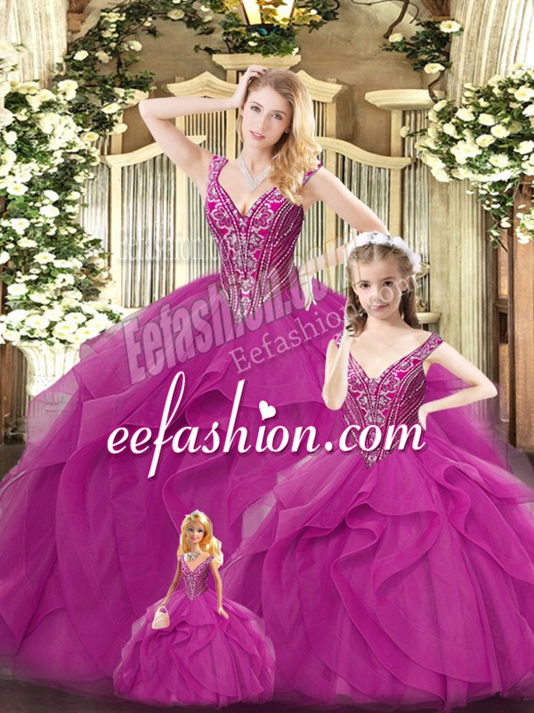  Fuchsia Sleeveless Beading and Ruffles Floor Length Sweet 16 Quinceanera Dress