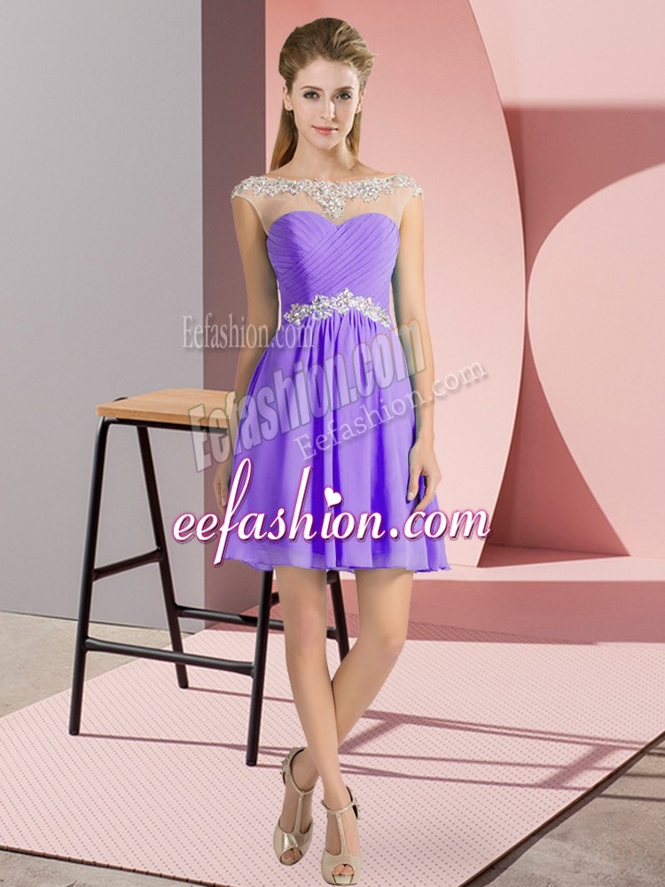  Lavender Cap Sleeves Chiffon Lace Up Prom Gown for Prom and Party
