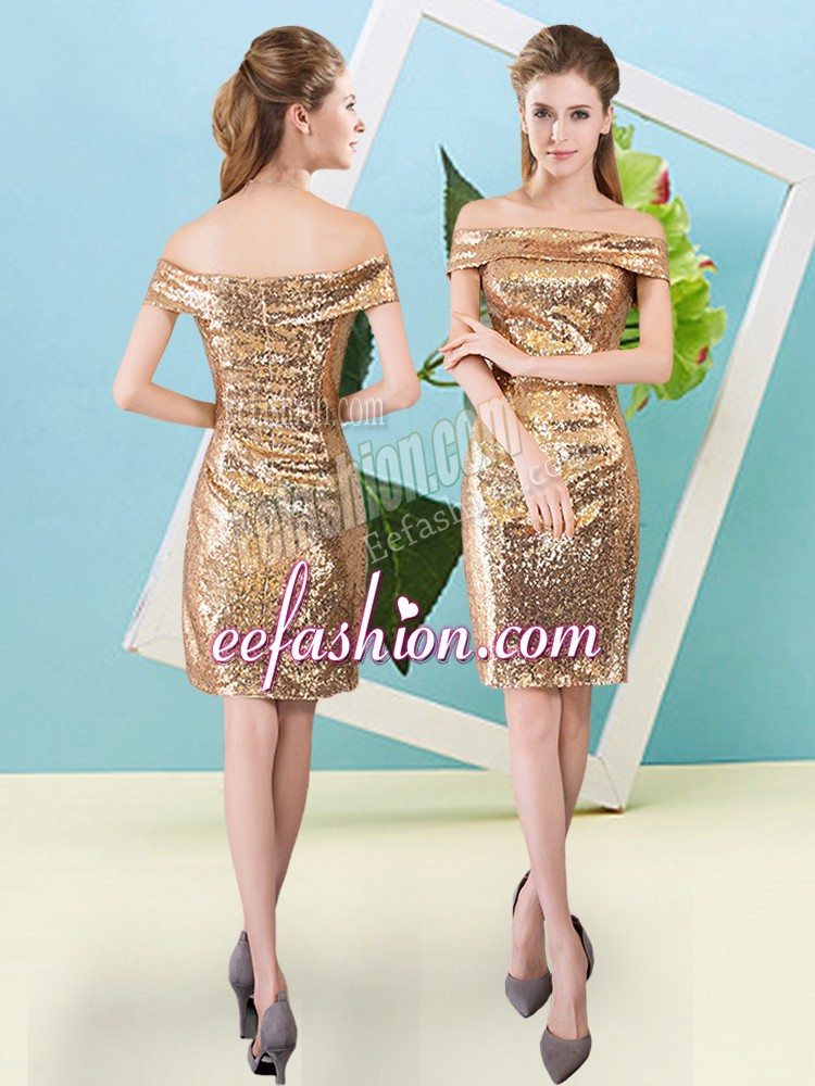 Wonderful Mini Length Gold Prom Gown Off The Shoulder Short Sleeves Zipper