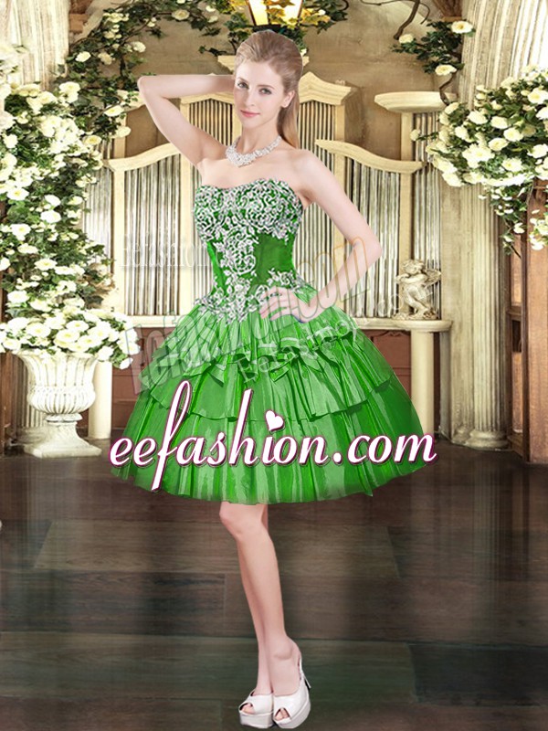 Attractive Sleeveless Mini Length Beading and Ruffled Layers Lace Up Prom Gown with Green