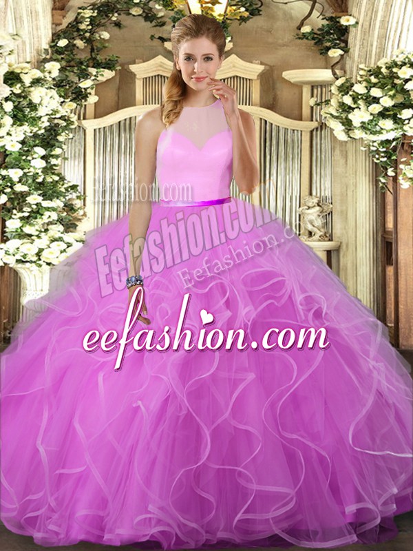  Lilac Quinceanera Dress Sweet 16 and Quinceanera with Ruffles High-neck Sleeveless Backless