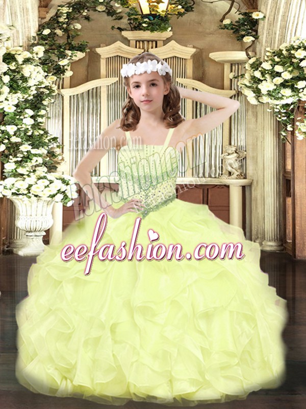 Cute Floor Length Ball Gowns Sleeveless Yellow Little Girls Pageant Gowns Lace Up