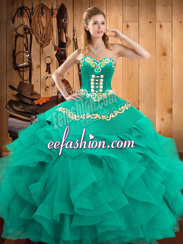  Turquoise Sweetheart Lace Up Embroidery and Ruffles Quinceanera Gowns Sleeveless
