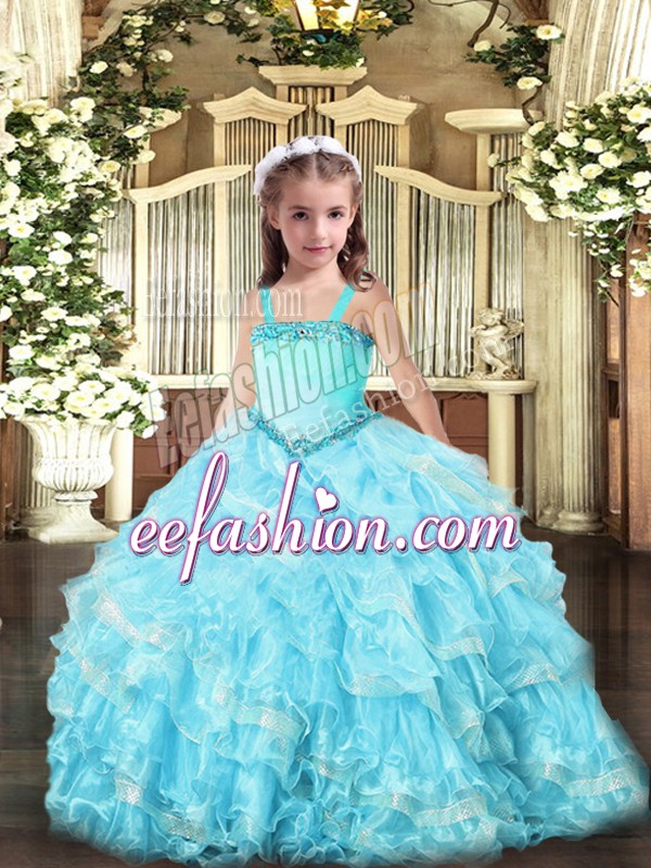  Light Blue Little Girl Pageant Gowns Party and Quinceanera with Appliques and Ruffled Layers Straps Sleeveless Lace Up